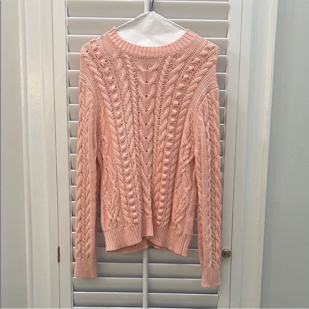 Pearl by Lela Rose Peach Cable Knit Sweater Small Fisherman Cotton Blend